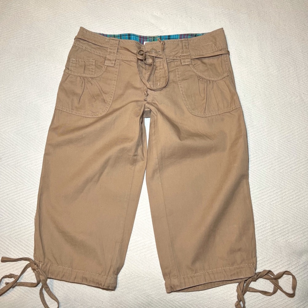 OP Vintage Y2K Tan Capri Pants Low Rise Plaid Trim Women Size 28